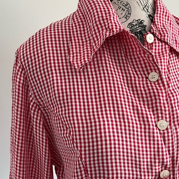 90s Ultra Pink Gingham Cropped Blouse — Pin-Up Western Rayon Shirt M - Picture 3 of 4